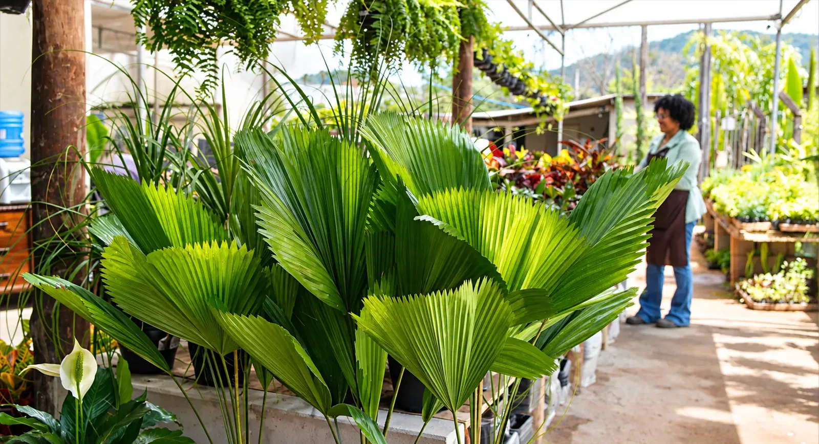 Folhagens ornamentais reais expostas na Verde Mix, com atendimento ao fundo