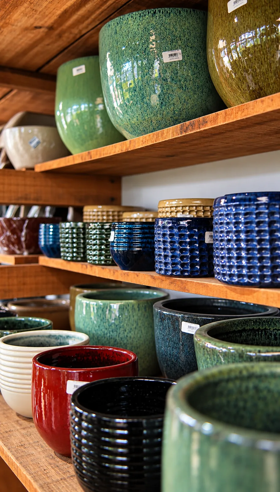 Prateleiras com vasos esmaltados de cerâmica na Verde Mix
