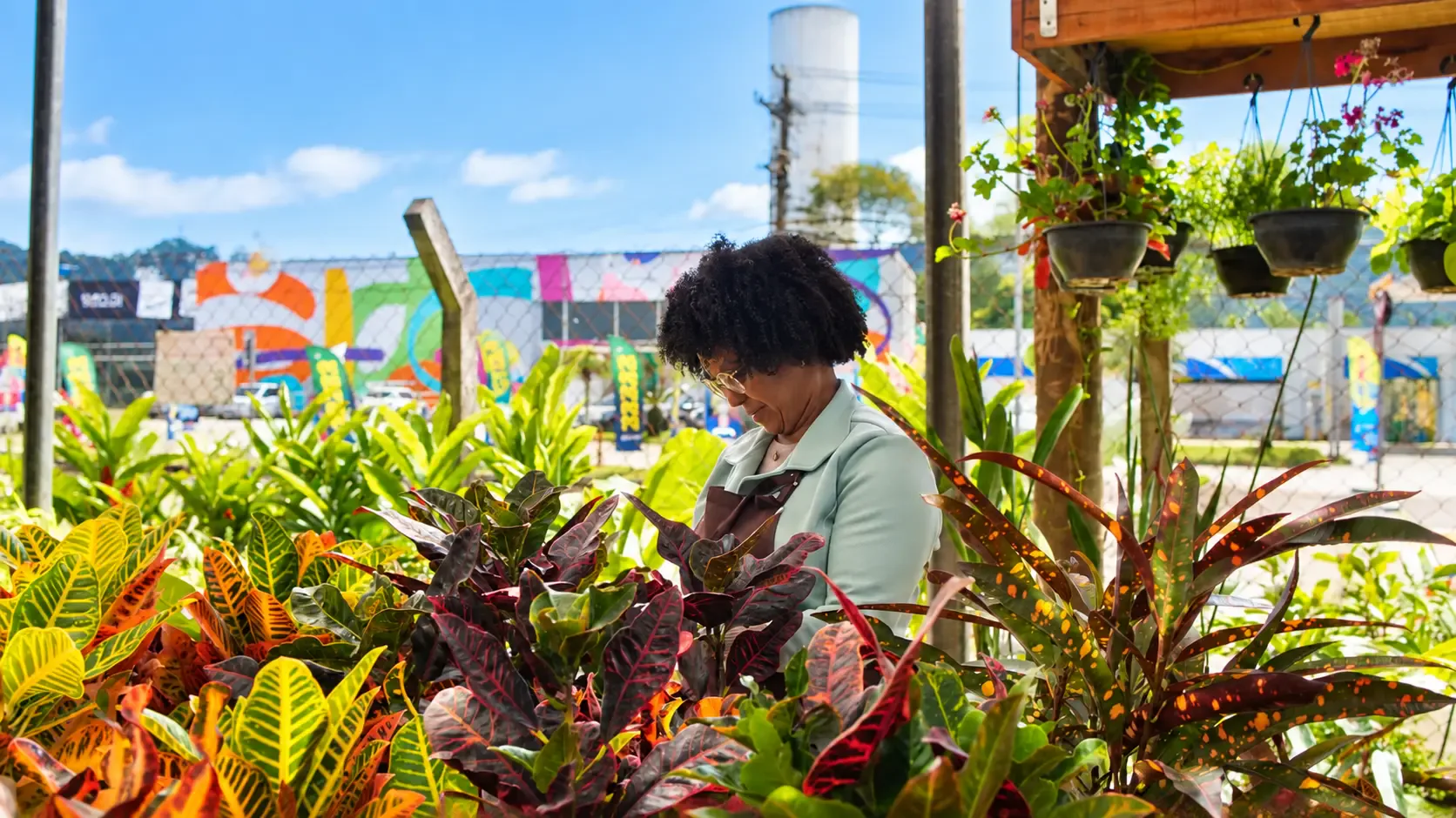 Profissional da Verde Mix cuidando de plantas ornamentais coloridas no Garden Center