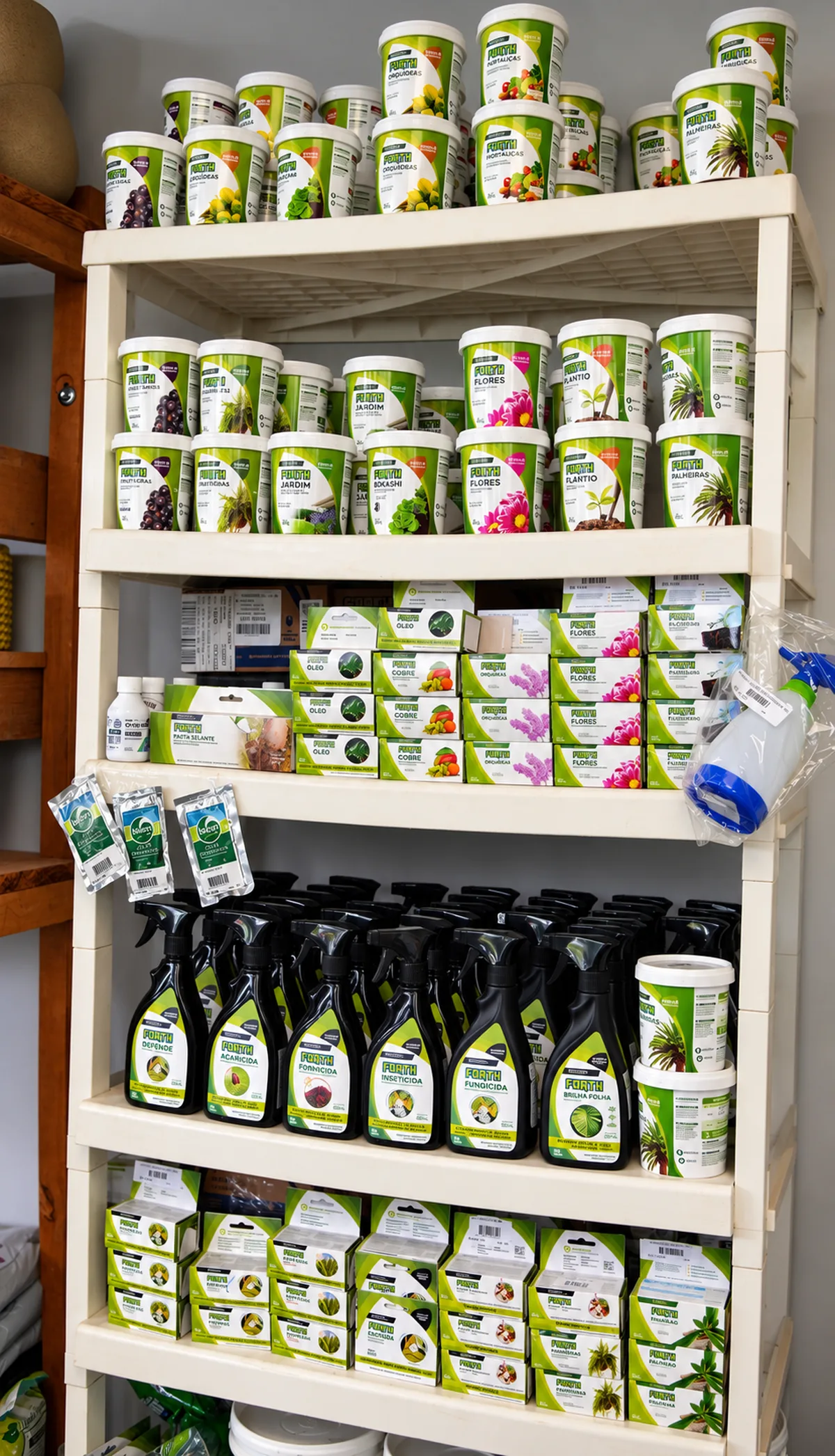 Prateleira com fertilizantes, substratos e produtos de cuidados para plantas na Verde Mix
