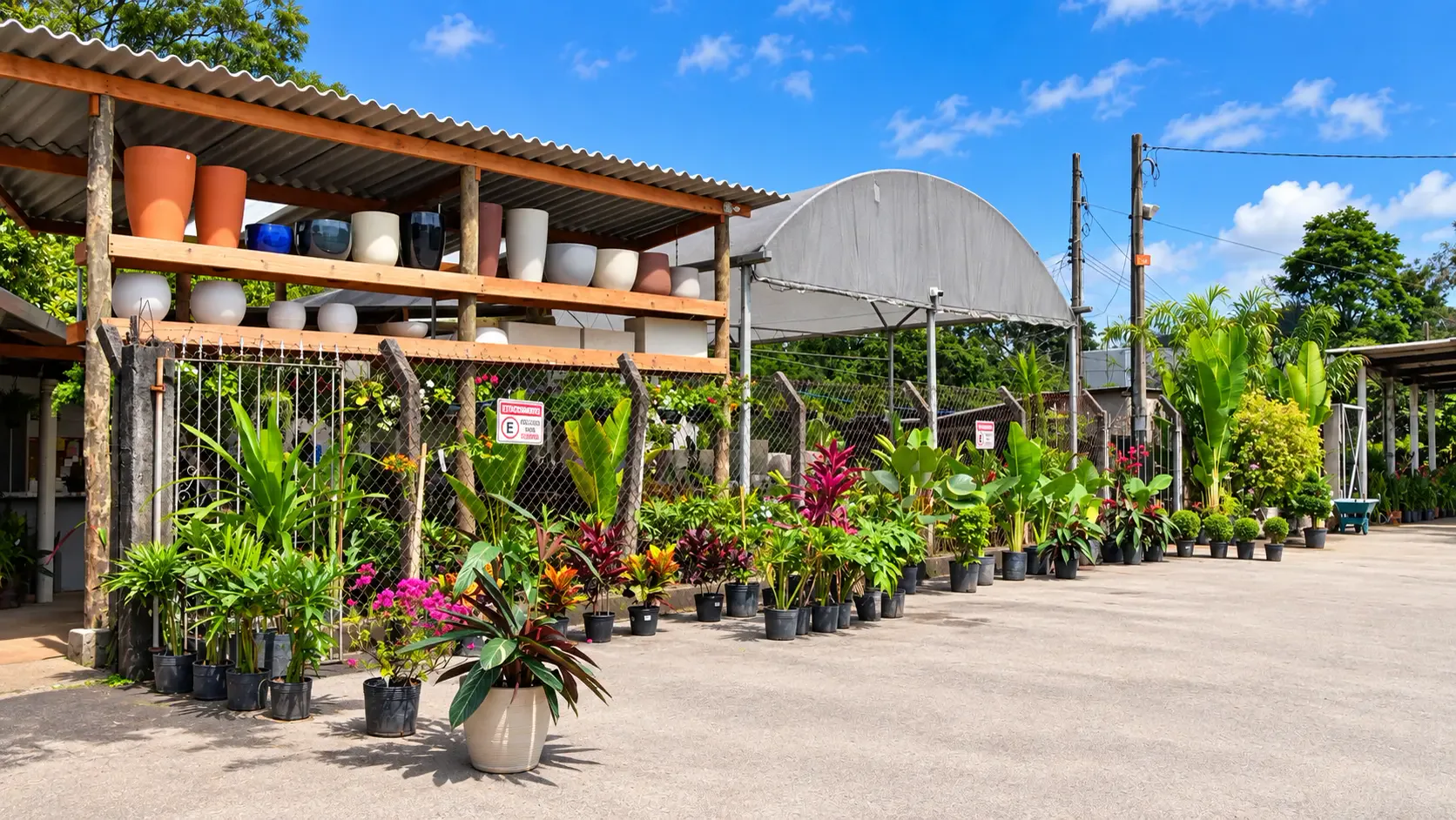 Área externa real da Verde Mix com vasos e grande variedade de plantas expostas