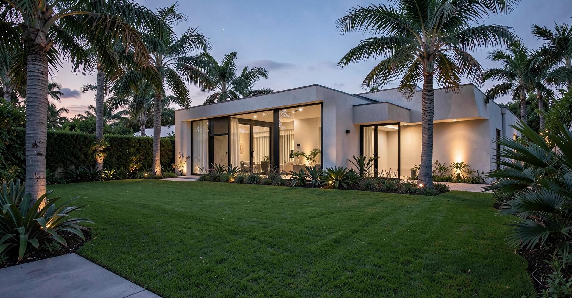 Jardim residencial moderno com gramado impecável ao entardecer